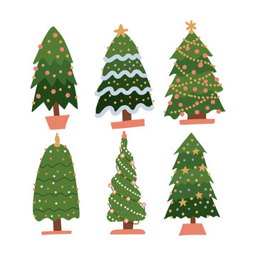 Set of cartoon Christmas trees, pines for greeting card, invitation, banner. New Years and xmas traditional symbol tree with garlands, light bulb, star. Winter holiday collection. Flat vector images
