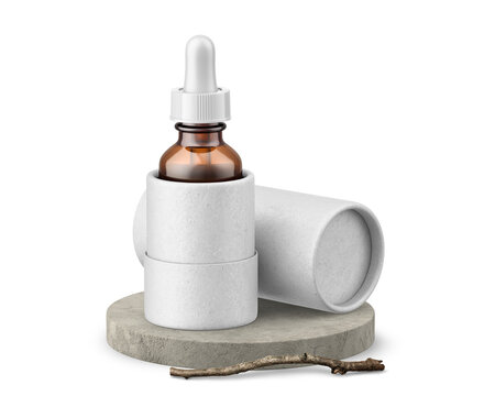 Amber Glass Dropper Bottle with Tube, Podium and Twig Mockup - 3D Illustration Isolated on White Background