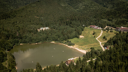 Aerial view of the Krpacovo reservoir in the village of Dolna Lehota in Slovakia - obrazy, fototapety, plakaty