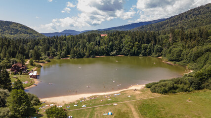 Aerial view of the Krpacovo reservoir in the village of Dolna Lehota in Slovakia - obrazy, fototapety, plakaty