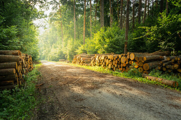 Cut down trees by the road into the forest and sunshine - obrazy, fototapety, plakaty