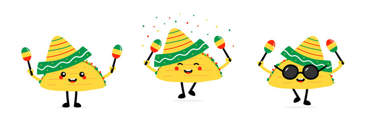 Set, collection of cute cartoon style taco characters dancing with maracas and wearing sombrero for Cinco de mayo and other mexican holidays.
- 461508206