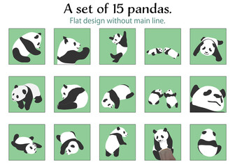 A set of 15 pandas. Flat design without main line. social media post, copy space, square, vector illustration, animal, graphic	
