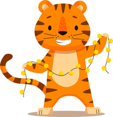 Cute cartoon tiger with Christmas lights. Flat poster for prints, kids cards, posters, t-shirts, and funny avatars. Vector illustration. Greeting card.