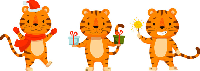 Set of cute cartoon tiger. Flat poster for prints, kids cards, posters, t-shirts, and funny avatars