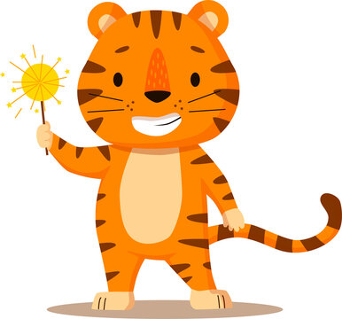 Cute cartoon tiger with sparkle. Flat poster for prints, kids cards, posters, t-shirts, and funny avatars. Vector illustration. Greeting card.