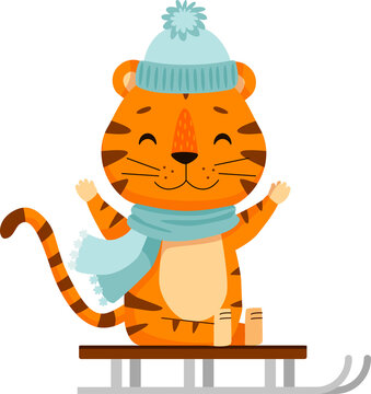 Cute cartoon tiger on the slade. Flat poster for prints, kids cards, posters, t-shirts, and funny avatars. Vector illustration. Greeting card.