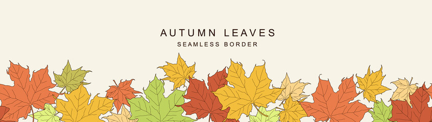 Autumn leaf fall horizontal banner. Seamless border with colorful maple leaves. Vector illustration
