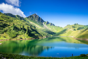 Lac De Lessy and Mountain landscape in The Grand-Bornand, France