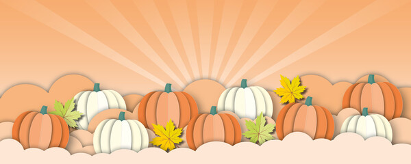 Pumpkins with colourful leaves on orange background. Autumn or Thanksgiving and Halloween concept. Illustration template for autumn banner sale, card, ad, poster. copy space Paper art style.