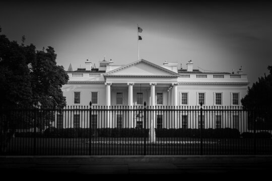 Black and white dramatic image of the Whitehouse Presidential Residence in Washington DC the capital of the United States