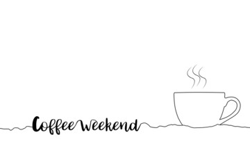 drawing line cup of coffee on watercolor texture paper background  with coffee  weekend text. 