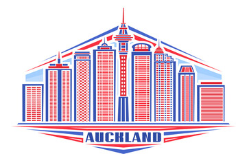 Vector illustration of Auckland, horizontal poster with linear design auckland city scape on day sky background, urban line art concept with decorative letters for word auckland on white background.