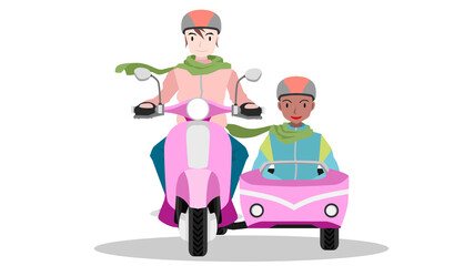 Vector or Illustration of cartoon LGBTQ. Black and white male couples riding motorcycles pink colors beside travel trailers. On isolated white background.
