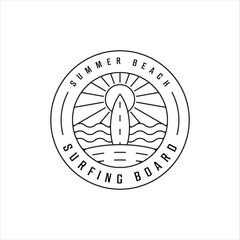 surfing island beach logo line art vector illustration template icon design. paradise with badge minimalist simple typography style
