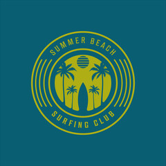 surfing beach logo vintage vector illustration template icon design. paradise palm and coconut tree with retro badge outline typography style concept