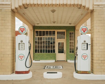 Vintage gas pumps at the Conoco Tower Station on Route 66 in Shamrock, Texas