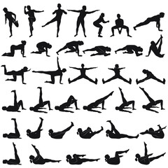 Vector silhouettes of girl practicing yoga and fitness. Shapes of slim woman doing exercises and stretching in different poses isolated on white background. Healthy lifestyle consept.