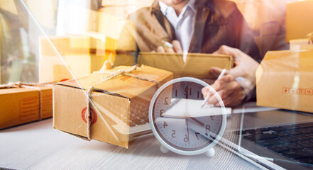 Online Selling or Online Shopping concept.Asian woman works at home by selling online and he is currently accepting and taking orders.business of seller merchant online ecommerce.