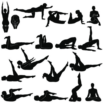 Set of vector silhouettes of woman doing yoga and fitness exercises. Shapes of slim girl in different fitness poses. Yoga icons for healthy life concept.