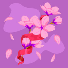 Fototapeta na wymiar Cherry Blossom Flower Illustration with Red Ribbon