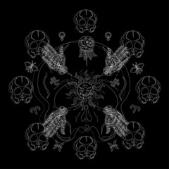 Graphic tee design with skull symbol. Illustration of beach, summer time, t-shirt design. Clothing, apparel. Adventure, trip, vacation. Skull logo, underground.  Summer vibe. Gothic symbol.