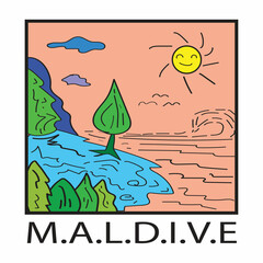 Graphic tees design nature panorama. Illustration of beach, summer time, t-shirt design. Clothing, apparel. Beach and sea. Adventure, trip, vacation. Nature logo, holiday. Summer vibe. Island icon. 