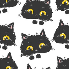 Hand Drawn Black Cat Seamless Pattern, Cute kitten vector background Halloween holiday autumn background