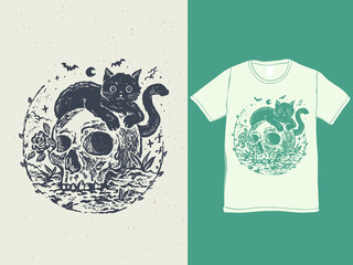 The cute black cat and skull vintage halloween t-shirt design