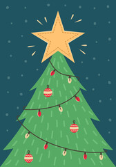 Christmas card with a Christmas tree with toys and a garland. New year greeting card.