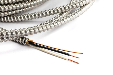 a closeup view of the conductors in a piece of armored electrical cable isolated on white