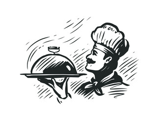 Chef with tray of food. Design element for restaurant or cafe menu. Sketch vintage vector illustration