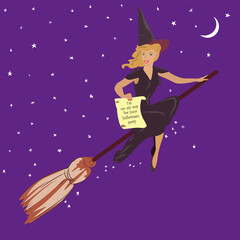 Cute Fairy Tale Witch Flying on broomstrick and holding old roll of paper with inscription. Vector illustration for Halloween invitation card, flier or greetings, postcard. 