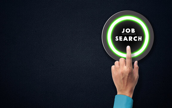 Job Search Button. hand Press Search Jobs Button. Finding and Sear shin a new job concept. Business Textured background with copy  Space 