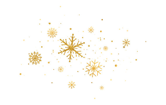 Gold snowflakes with different ornaments. Luxury Christmas garland. Golden snowflakes falling on white background. Winter ornament for packaging, cards, invitations. Vector illustration