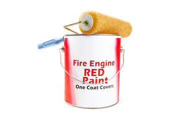 a gallon can of paint with a fake, generic, fire engine red paint  label, with a paint roller...