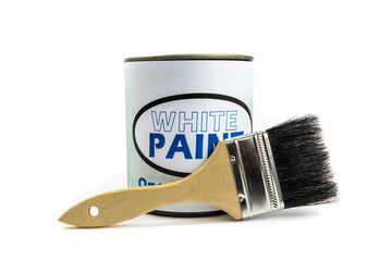 a quart or liter can of paint with a fake, generic, white paint label, with a paint brush leaning...