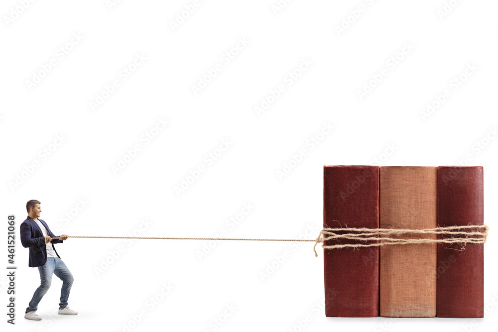 Sticker full length profile shot of a guy pulling books with a rope