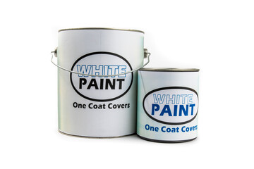 a quart or liter can and a gallon pail of paint with a fake, generic, white paint label isolated on...