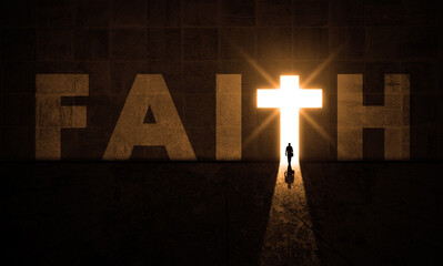 Man Getting Out From A Dark Room Thought A Big Cross Light Door.  Faith Glowing Bright Gate....