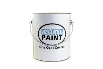 a gallon pail of paint with a fake, generic, white paint label isolated on white
