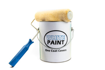 a clean paint roller leaning on a gallon pail of paint with a fake, generic, white paint label...