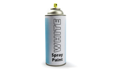 an aerosol spray can of white paint with a generic, fake label isolated on white