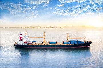 Container cargo ship in the ocean at sunset sky, Global business logistics import export background, Freight transportation, Shipping