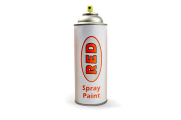 an aerosol spray can of red paint with a generic, fake label isolated on white

