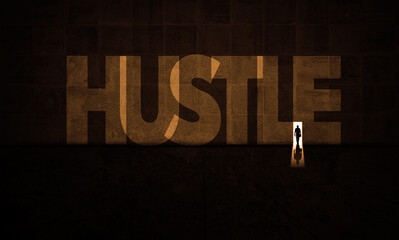 HUSTLE Written in A Grungy Wall On Big Concrete dark Room With A Businessman (Hustler) Entering a...