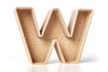 3D wood alphabet letter W made of pine plywood planks, decorative carpentry and furniture concept. High resolution 3D rendering.