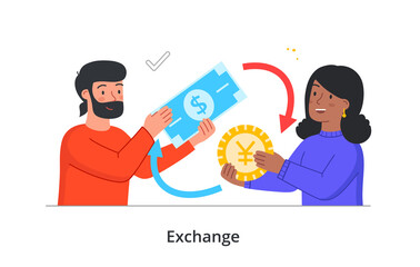 Currency exchange concept. Man gives dollar bill and receives coins of Japanese currency. Banking and money turnover in travel. Cartoon modern flat vector illustration isolated on white background