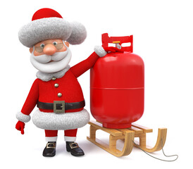 3d illustration Santa Claus with a gift/3d illustration Santa Claus carries a gas cylinder on a sled as a gift to people