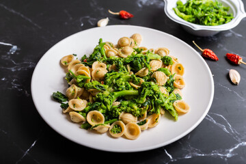 Orecchiette with turnip tops, a typical dish of Italian cuisine